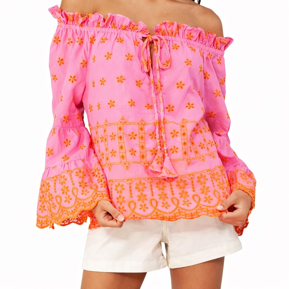 Hale Bob Pink Orange Embroidered Off Shoulder Boho Top Bell Sleeve Medium